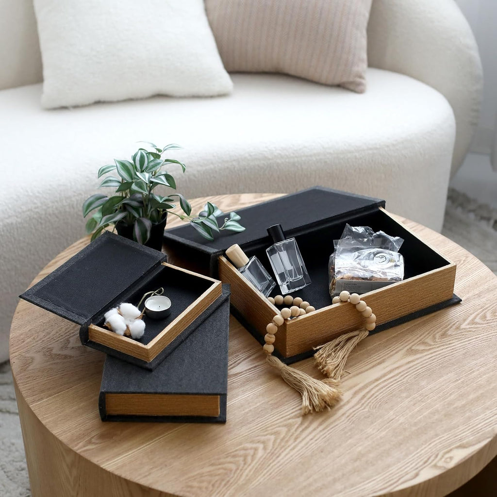 Decorative Book Boxes Set of 3 - Modern Faux Linen & Wood Hidden Storage for Coffee Table - Stackable Fake Books for