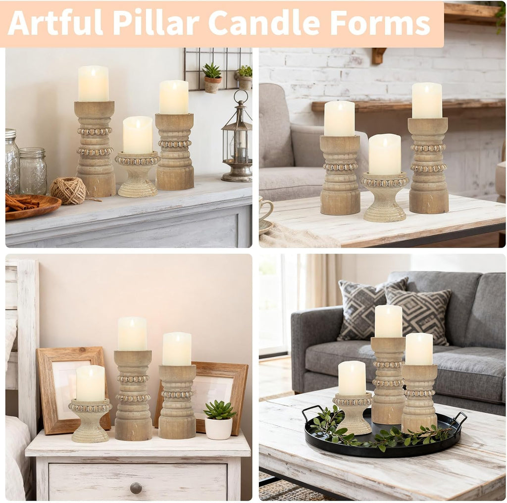 Rustic Natural Wood Candle Holders Set of 3, Farmhouse Beaded Wood Pillar Candle Holder, Candle Holders for Pillar