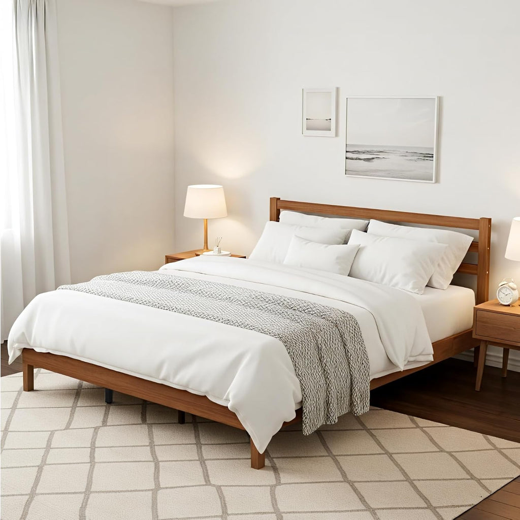 Solid Wood Bed Frame - King Mattress Foundation with Headboard