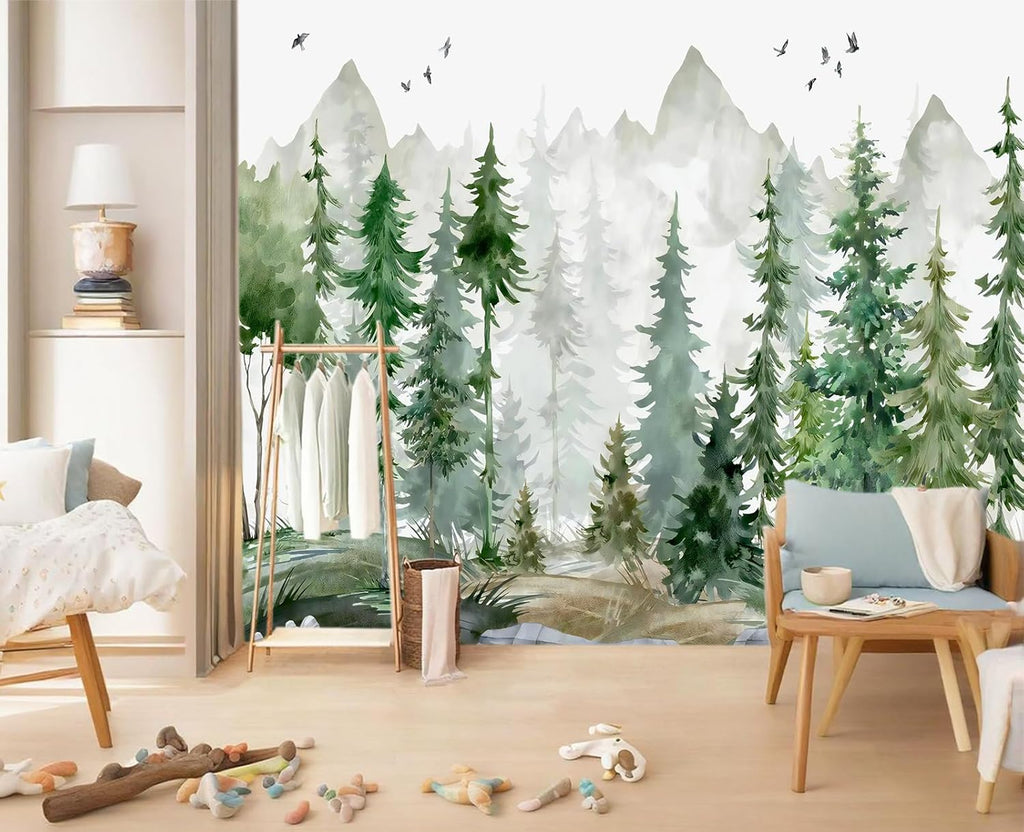 Peel and Stick Nursery Forest Wallpaper Watercolor Pine Tree Mural | Tear-resistant,with a substantial feel;Will not