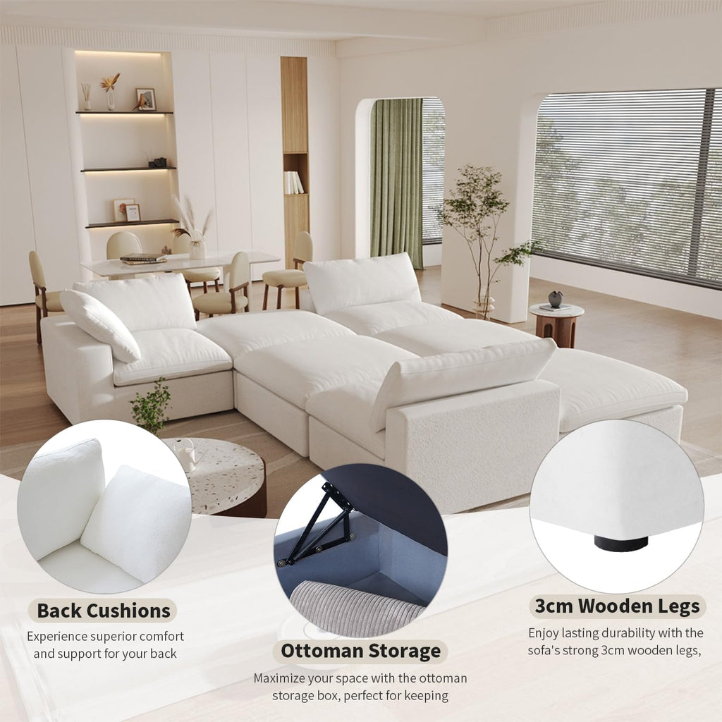 Cloud Modular Sectional Sofa with Storage Ottoman,120.45" L Shaped Couch ,Down Filled Convertible Couch Deep Seat
