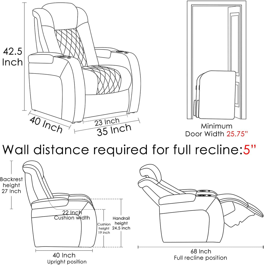 Home Theater Seating Top Grain Nappa Leather Recliner Chair Dual Power Movie Gaming Sofa Electric Headrest with Tray