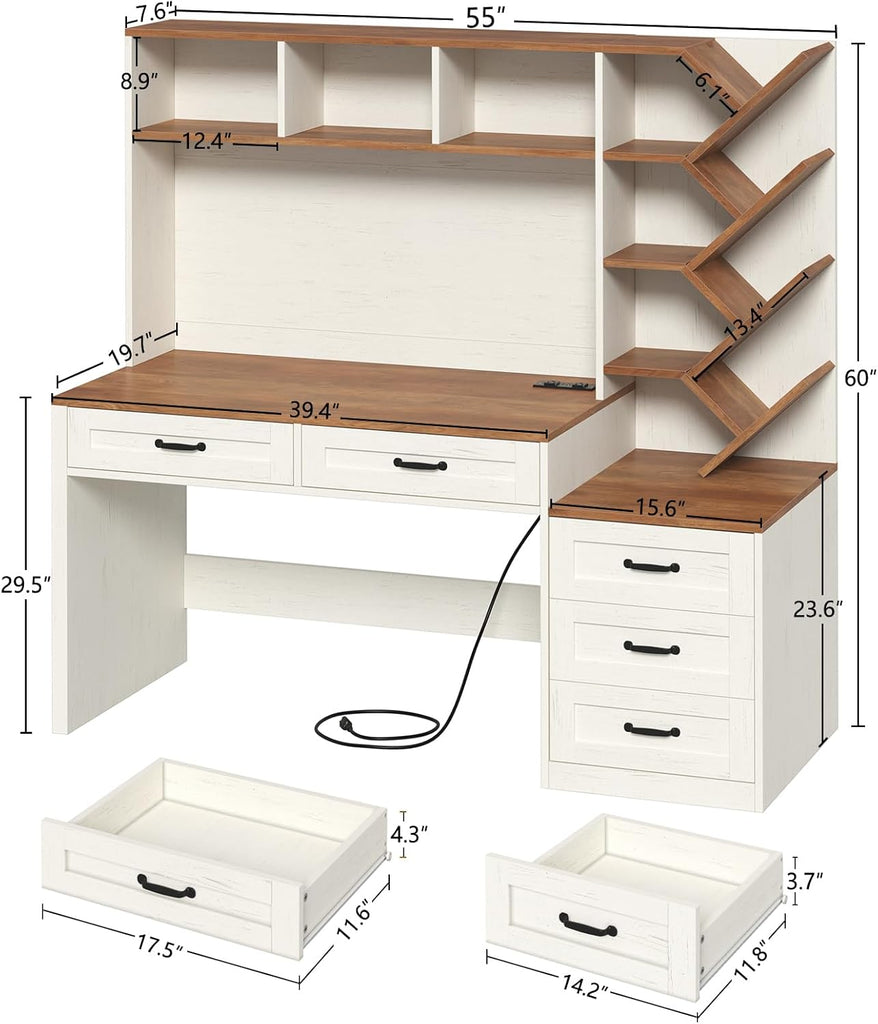Computer Desk with Hutch & 5 Drawers, Home Office Desk with Storage Shelves and Printer Stand