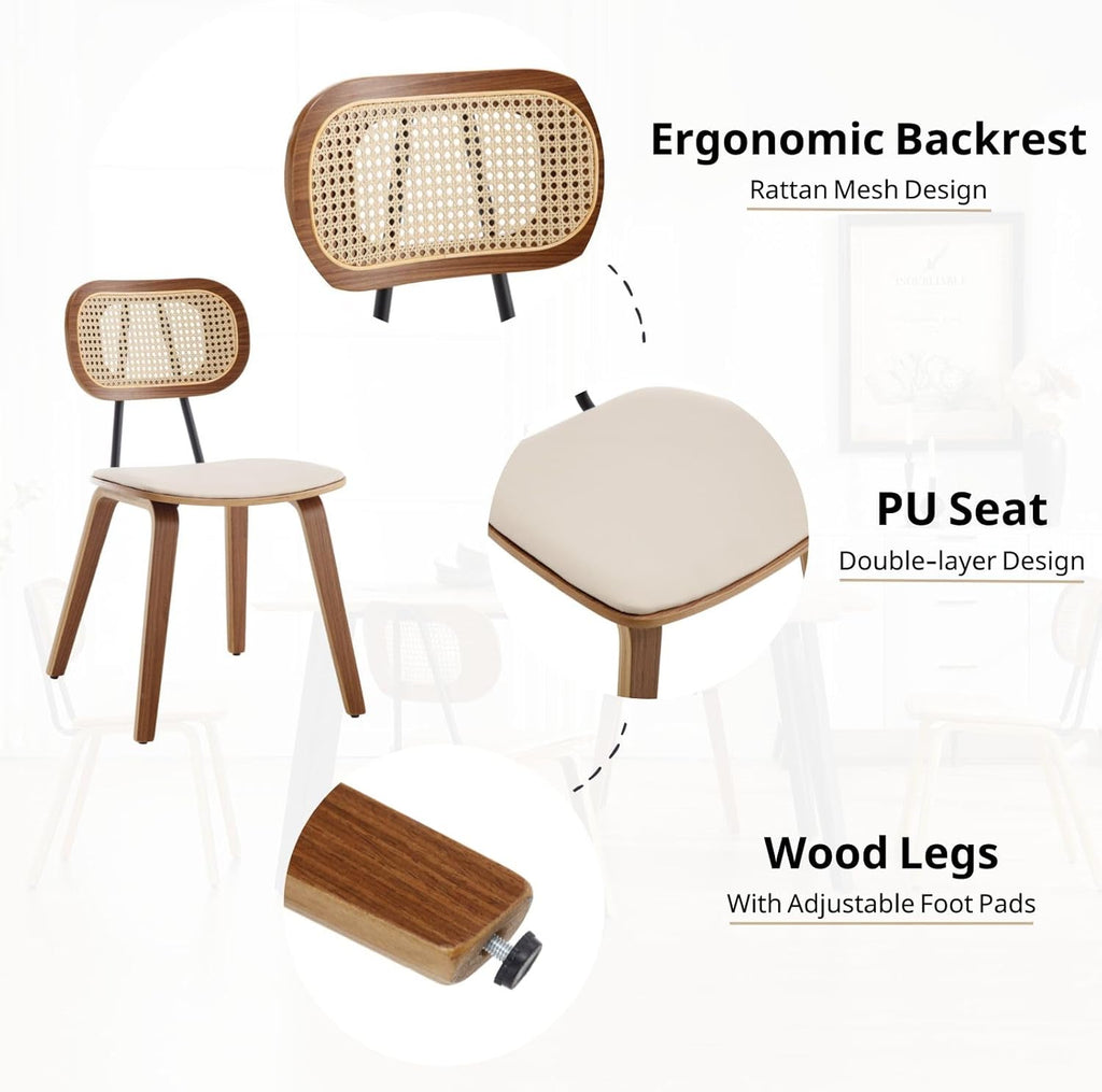 Modern Dining Chairs Set of 4, Upholstered Faux Leather Dining Room Chairs with Rattan Backrest and Wood Legs