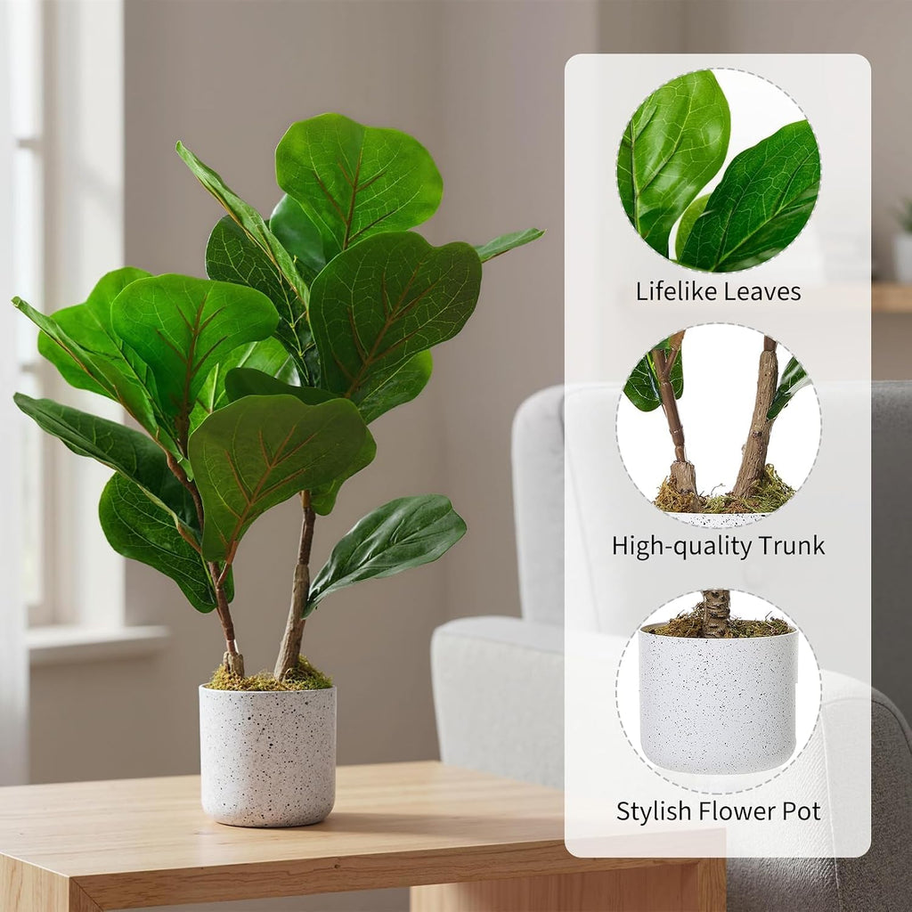 Fiddle Leaf Fig Artificial Tree, Faux Floor Plant with White Planter Pot