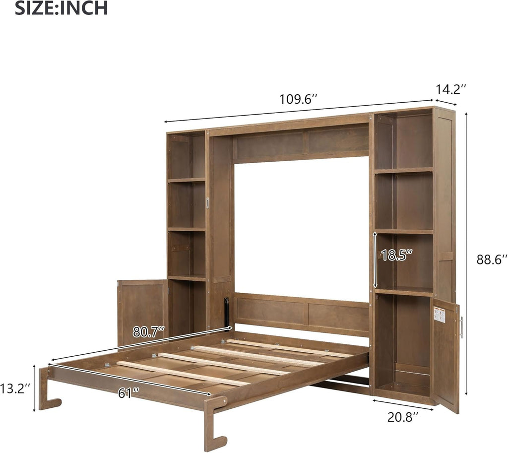 Queen Murphy Bed with Storage, Solid Wood Foldable Wall Platform Bed Frame with Storage Shelves and Cabinets for