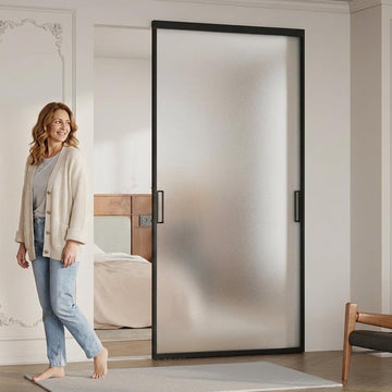 40" x 87" Concealed Sliding Glass Barn Door with Soft Close Hardware Kit, 5/16" Frosted Tempered Gla