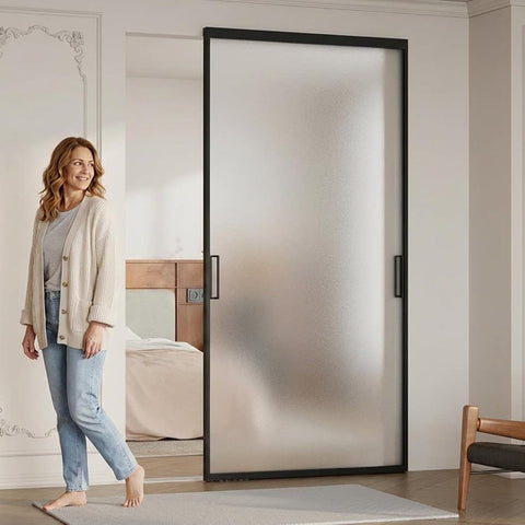 40" x 87" Concealed Sliding Glass Barn Door with Soft Close Hardware Kit, 5/16" Frosted Tempered Gla