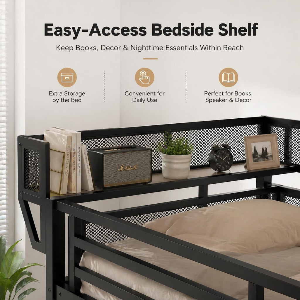 Full Loft Bed with Desk and RGB Light, Metal Loft Bed Frame with Stairs and Bedside Shelf