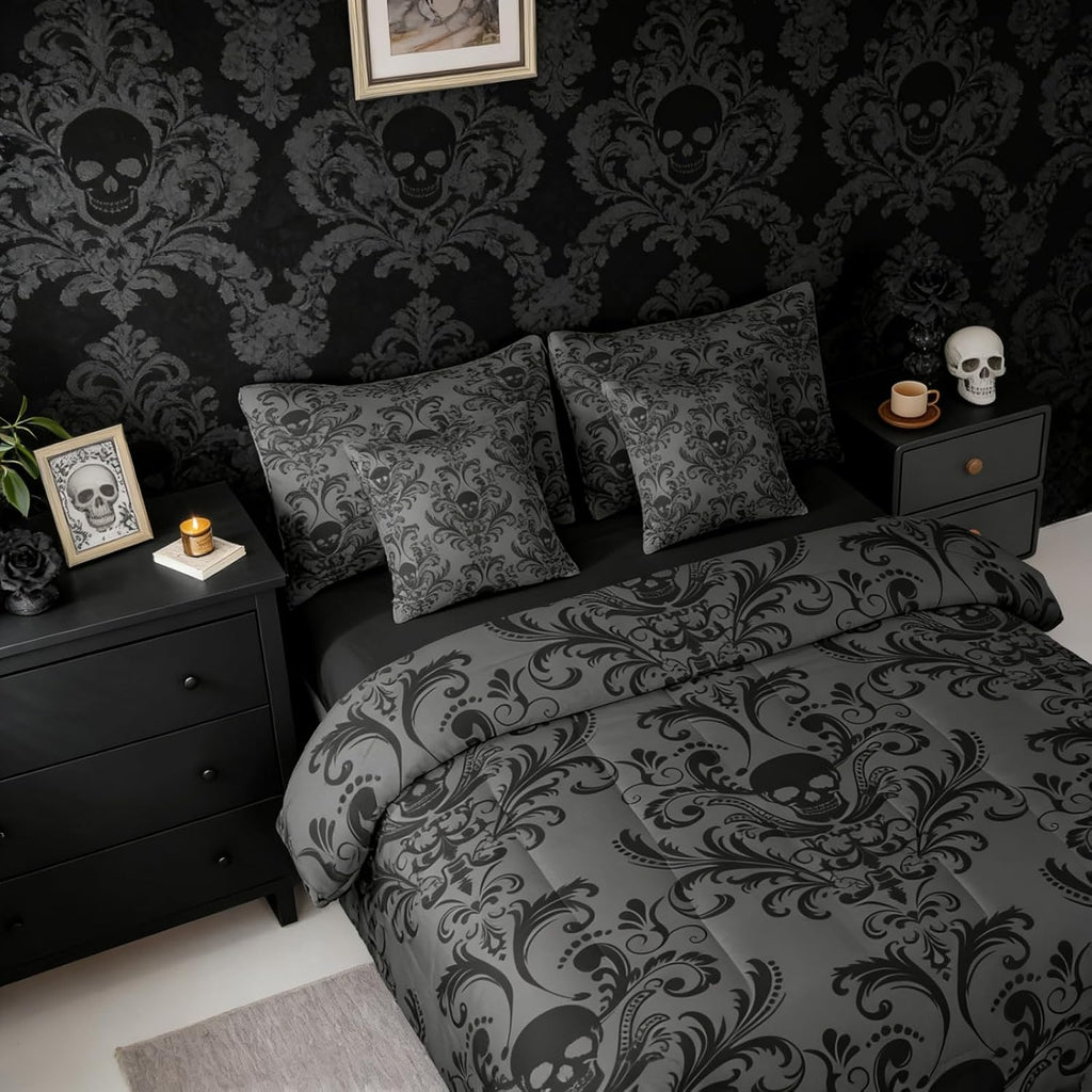 Gothic Damask Bed in a Bag King Comforter Set 7 Pieces,Sugar Skull Bedding Sets Black Grey Victorian Floral Goth - Set of 7