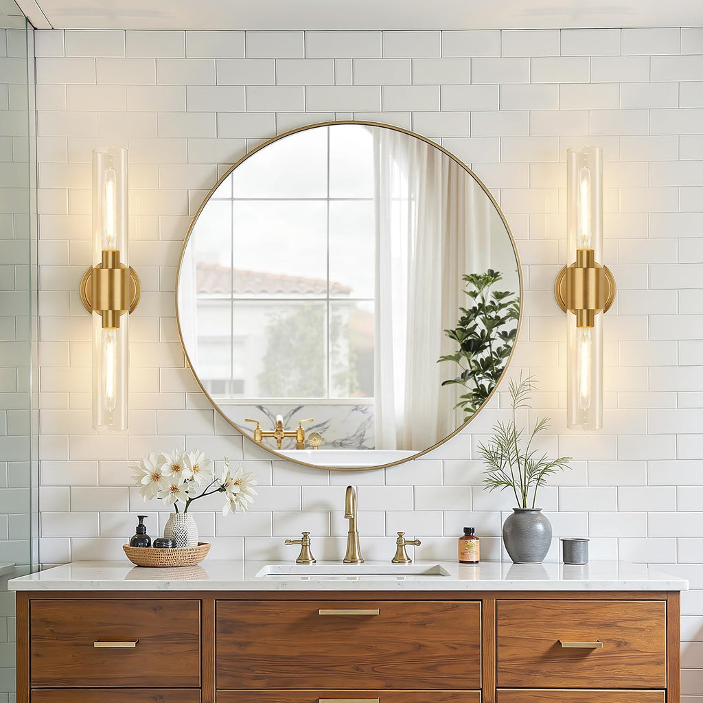 Wall Sconces Set of Two, Brushed Gold Bathroom Sconces Wall Lighting with Clear Glass, Hardwired Modern Sconces Wall