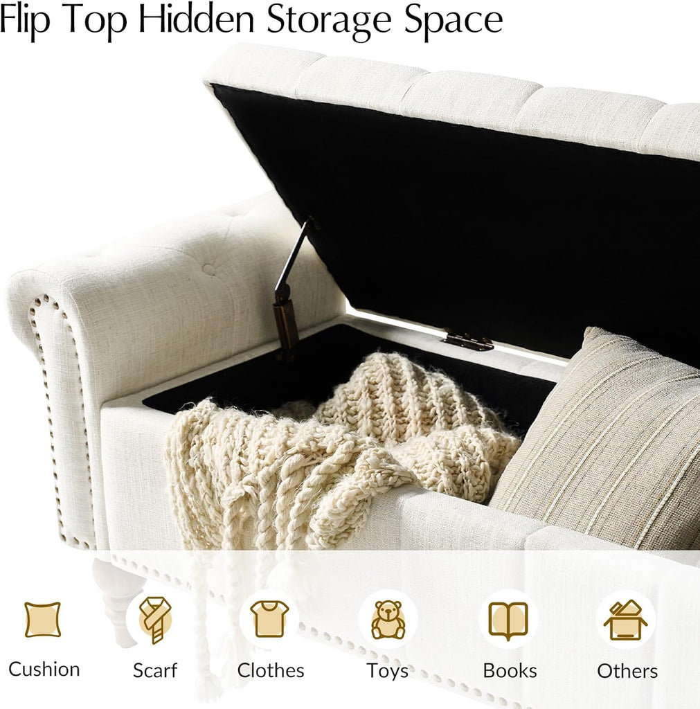58.5" Long Storage Bench with Rolled Arms & Button Tufted Seat, Upholstered End of Bed Bedroom Benches with Nailhead
