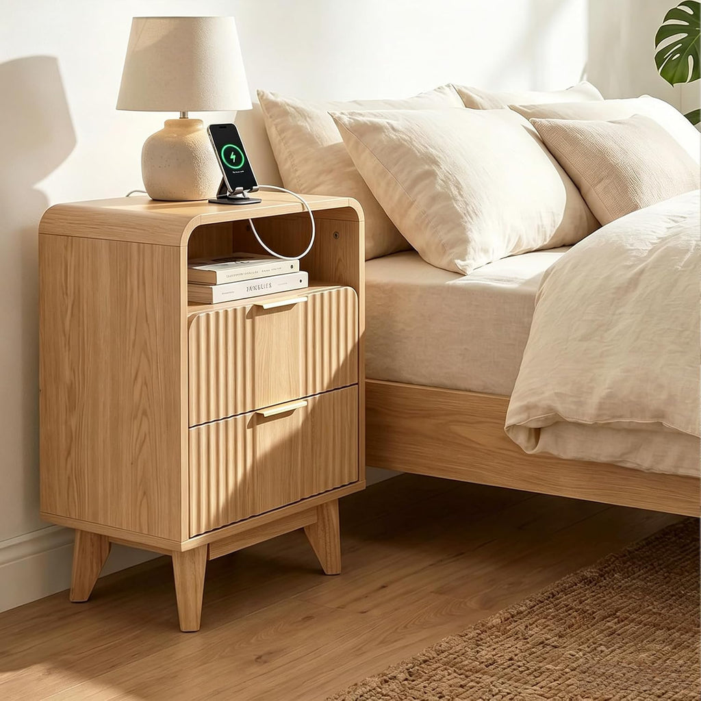 Nightstand, Modern Fluted Nightstand, Side Table with Charging Station, 2 Drawers, Open Shelf, Wood