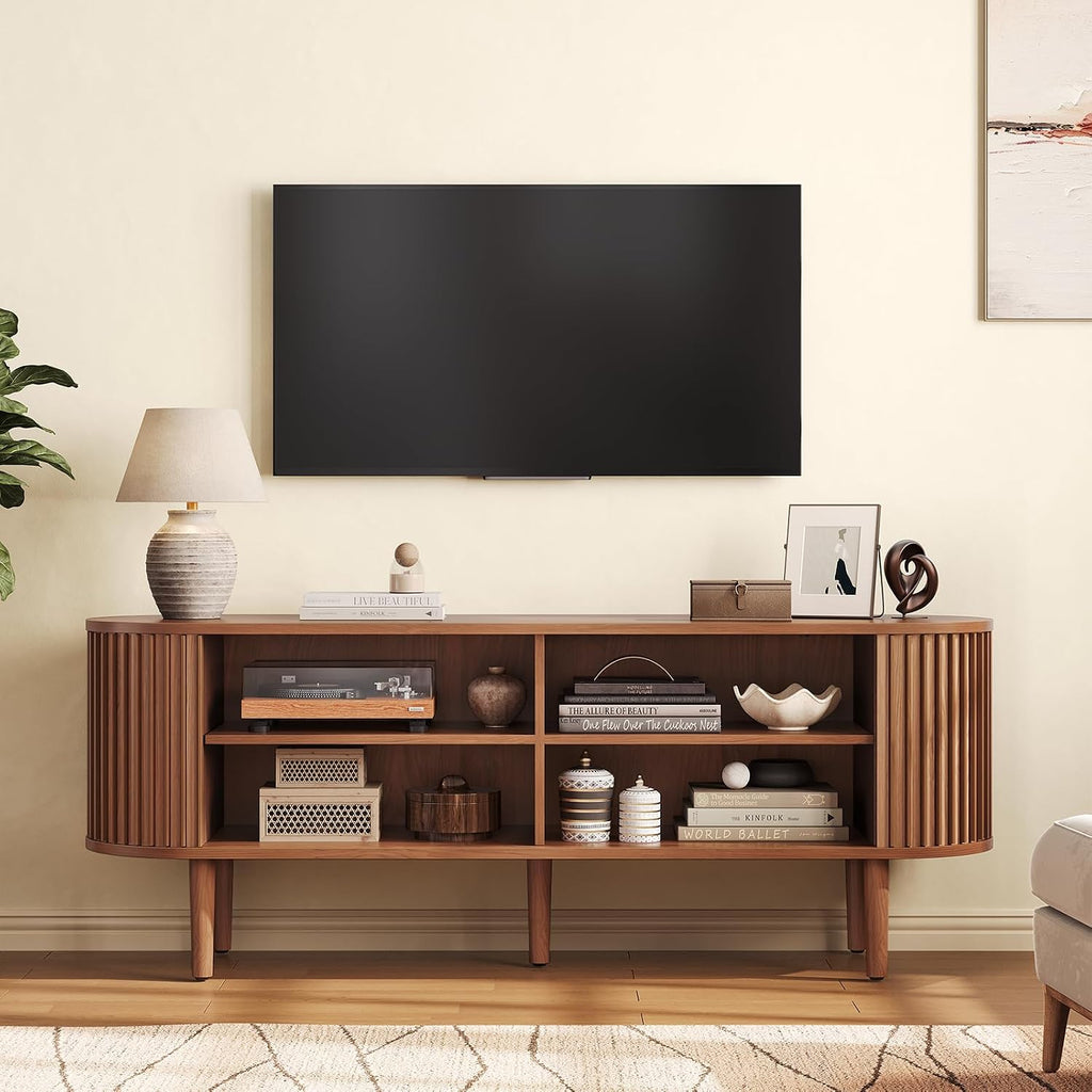 59" TV Stand for 65" TV with Power Outlet, Entertainment Center with Solid Wood Leg, Fluted TV Console with Adjustable Shelf & Sliding Door, Mid-Century Modern TV Stand for Living Room, Walnut