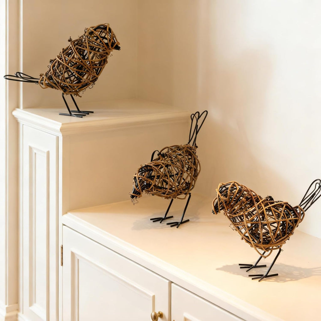 Rattan Bird Statues - 3pc Farmhouse Wicker Home Decor Figurines | Bird decor for table & mantel decor. Handwoven