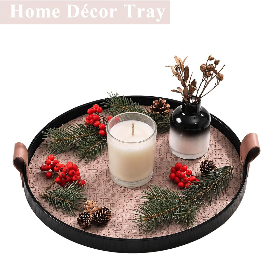 12 Inch Round Ottoman Tray, Woven Leather Serving Platter with Handles, Decorative Tray for Coffee Table Centerpiece