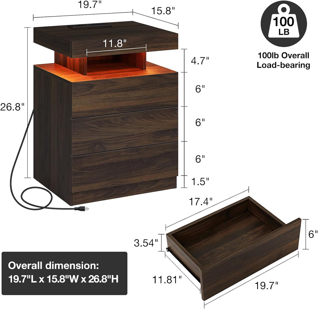 Rustic Brown Nightstand with Wireless Charging Station Walnut Wood LED Bedside Table with 3 Drawers End Table Smart