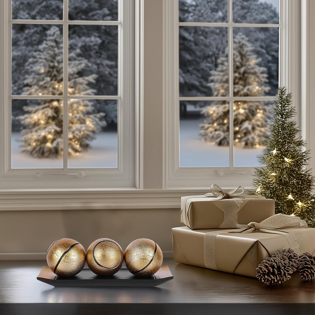 Decorative Tray with Balls Set, Black Gold Decor Orbs TV Stand, Coffee Table Centerpiece, Elegant Orbs Decorative