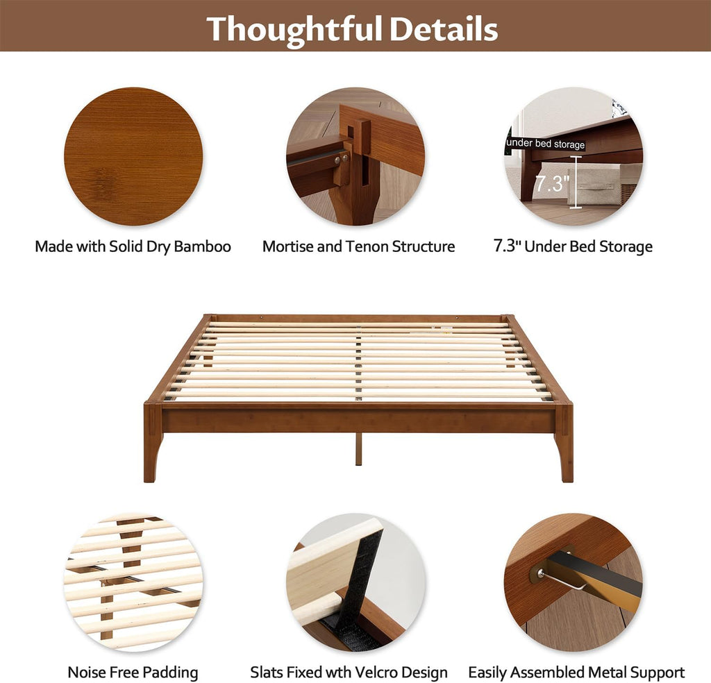 Full Size Japanese Mid-Century Brown Bamboo Wooden Bed Frame
