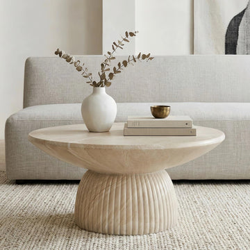 Round Coffee Table, 27 Inch Faux Travertine Magnesium Oxide Cocktail Table with Fluted Pedestal Base, Modern Wabi