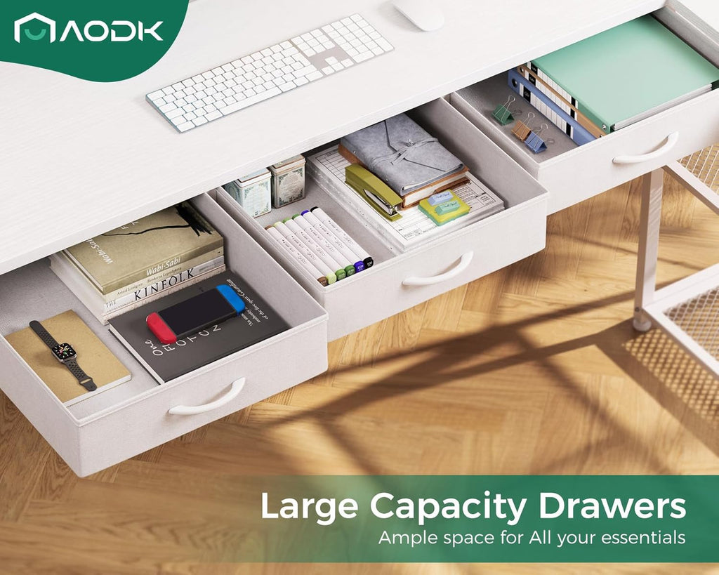 53 Inch L Shaped Computer Desk with Drawers, Corner Desk with Power Outlets & Reversible Storage Shelves Gaming, White