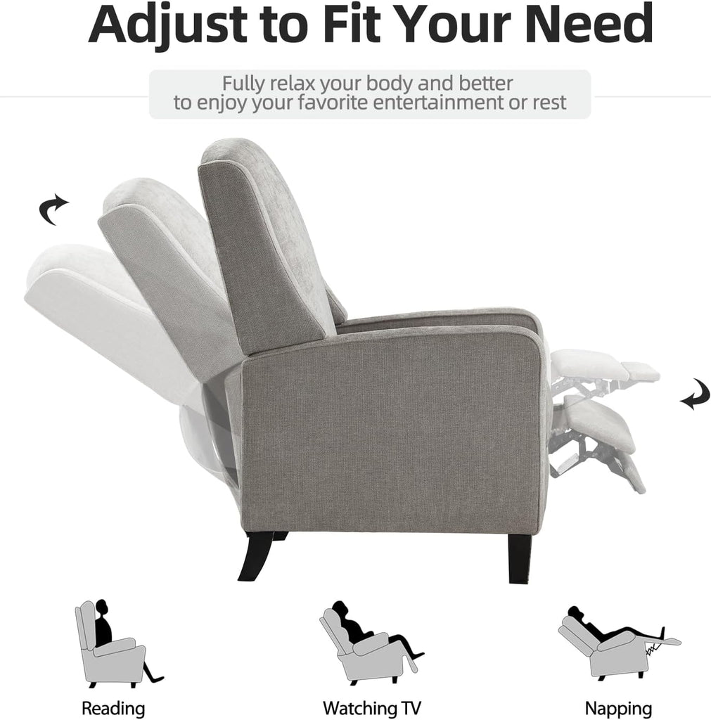 Wingback Pushback Recliner Chair, Fabric Push Back Recliners with Padded Seat, Mid Century Modern Reclining Chair