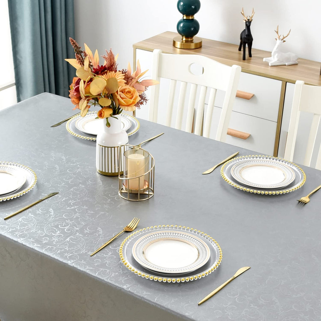 Waterproof Vinyl Tablecloth Rectangle, 54 x 78 Inch, Flower Grey