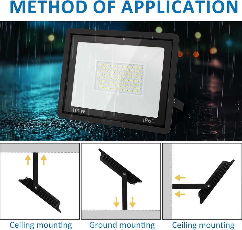 100W LED Flood Light Outdoor, 10000LM Super Bright Floodlight Outside Work Lightwith Plug, 6500K Daylight White LED