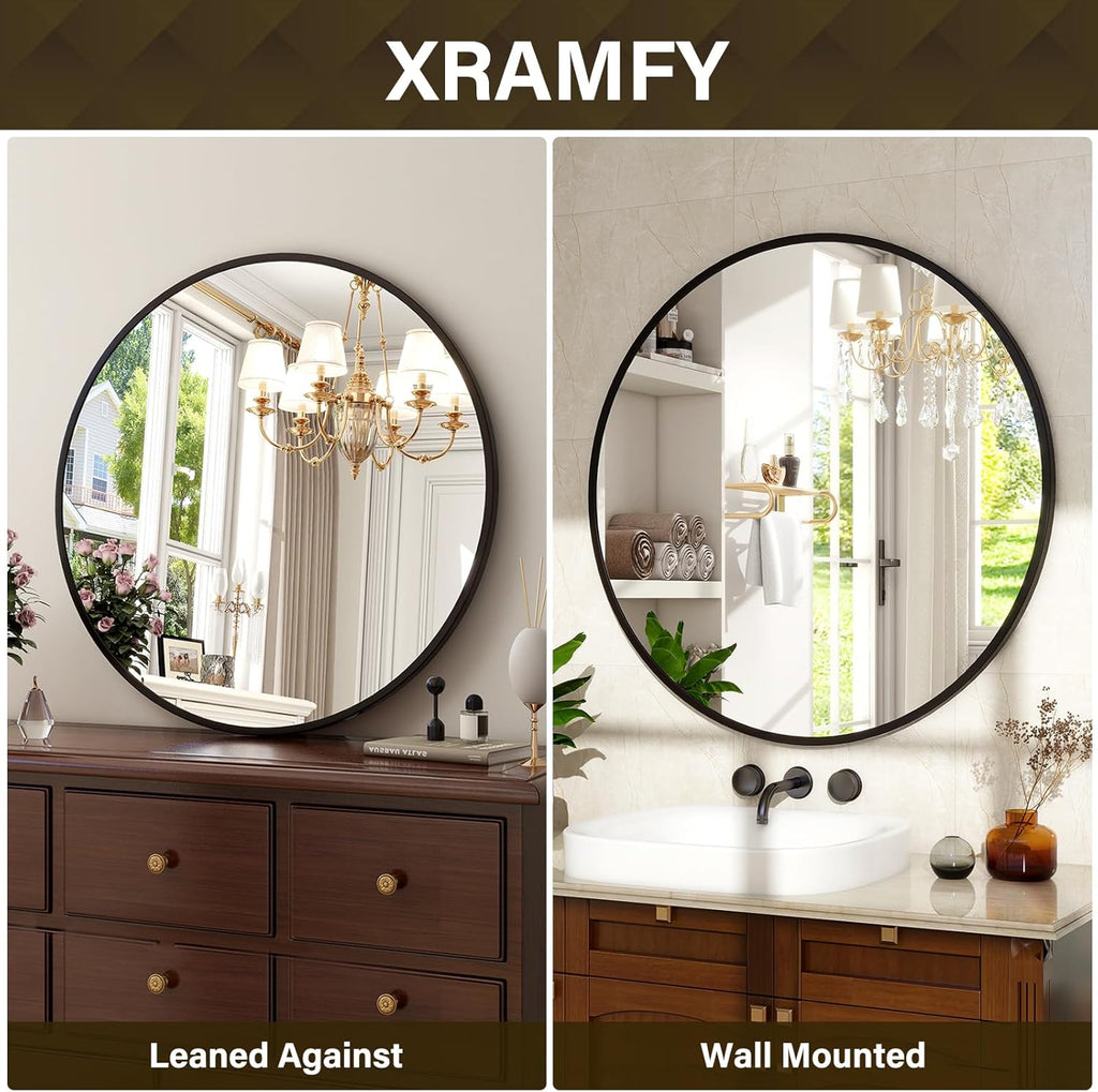 24 Inch Round Mirror - Circle Mirrors Wall Decor, Modern Hanging Vanity Mirror, Matte Black Circle Decorative Wall