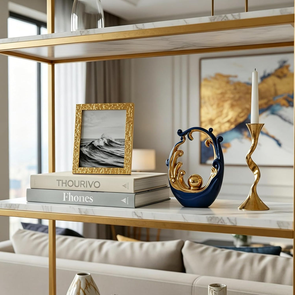Navy Blue Gold Aesthetic Room Decor Accent, TV Stand Funky Table Centerpiece, Abstract Art Ceramic Statue and