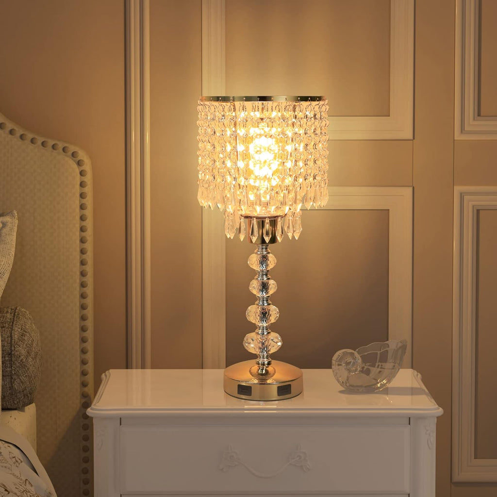 Crystal Table Bedside Lamp Touch Control, 3-Way Dimmable Small Nightstand Lamp with 2 USB Charging Ports