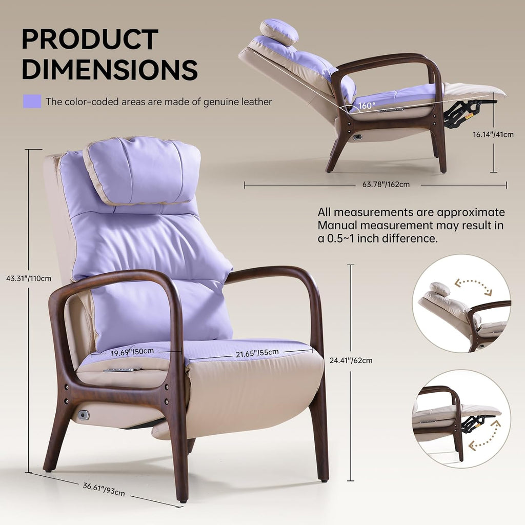 M7 Power Recliner Chair for Adults, Real Leather | Adjustable Lumbar Support & 5-Min Rhythmic Stretch 160° Reclining