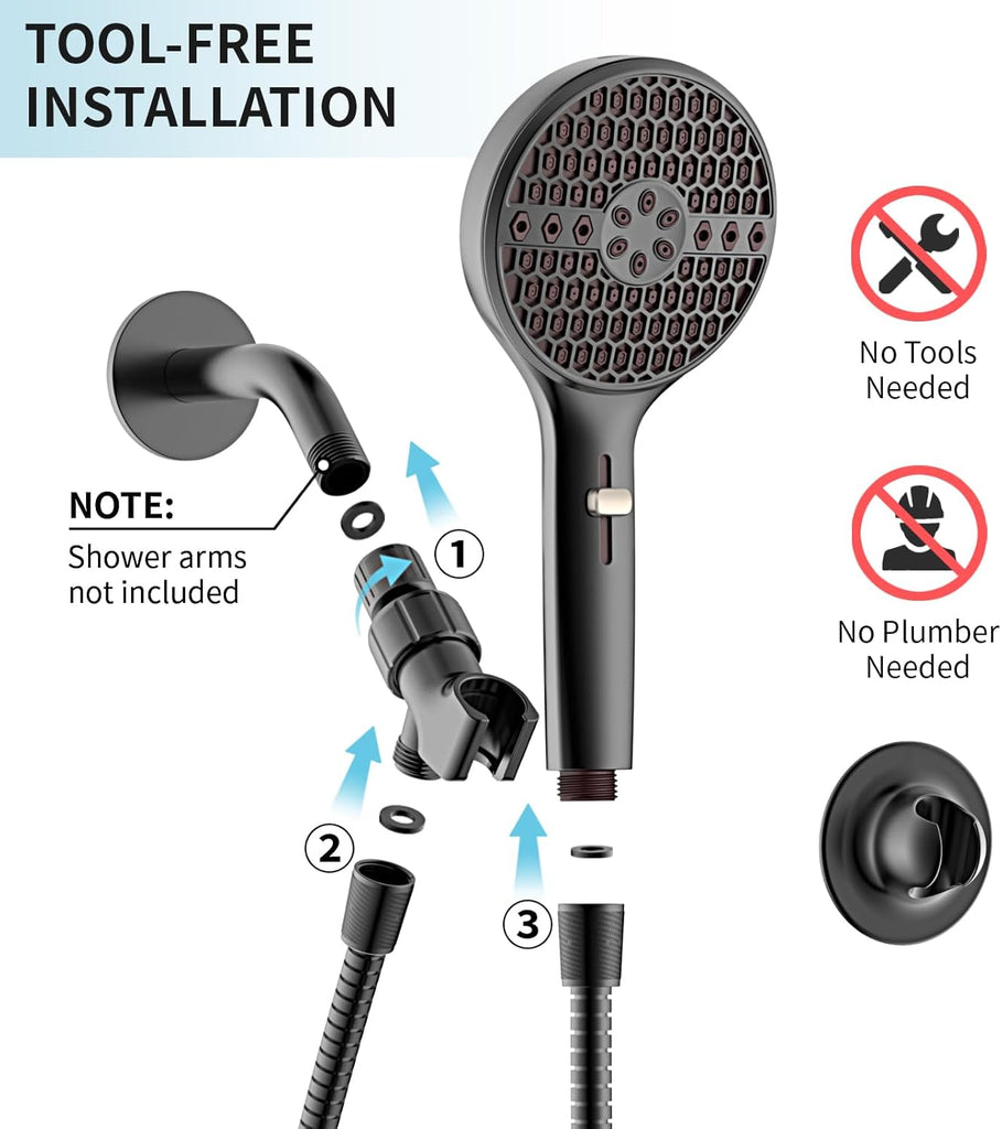 Black Handheld Shower Head, 9 Spray Modes High Pressure Shower head with Power Wash
