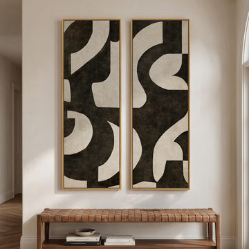 Large Framed Neutral Black Beige Abstract Vertical Wall Art Decor, 2 Pieces