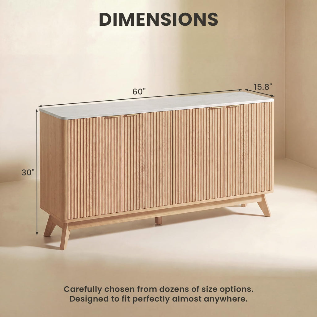 59'' Sideboard Buffet Storage Cabinet with Marble Top, Fluted Cabinet with Rounded Corners, Modern Buffet Table