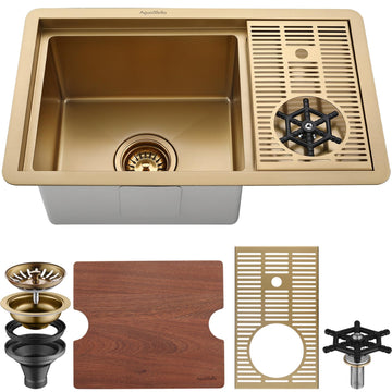 Brushed Gold Brightly Bar Sink with Glass Rinser Stainless Steel Undermount Prep Kitchen Sink 23-1/4 x 14
