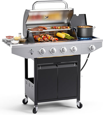 4-Burner Propane Gas Grill with Side Burner, 46,500 BTU Stainless Steel BBQ Grill with Enameled Cast Iron Grates and Side Tables for Patio and Backyard