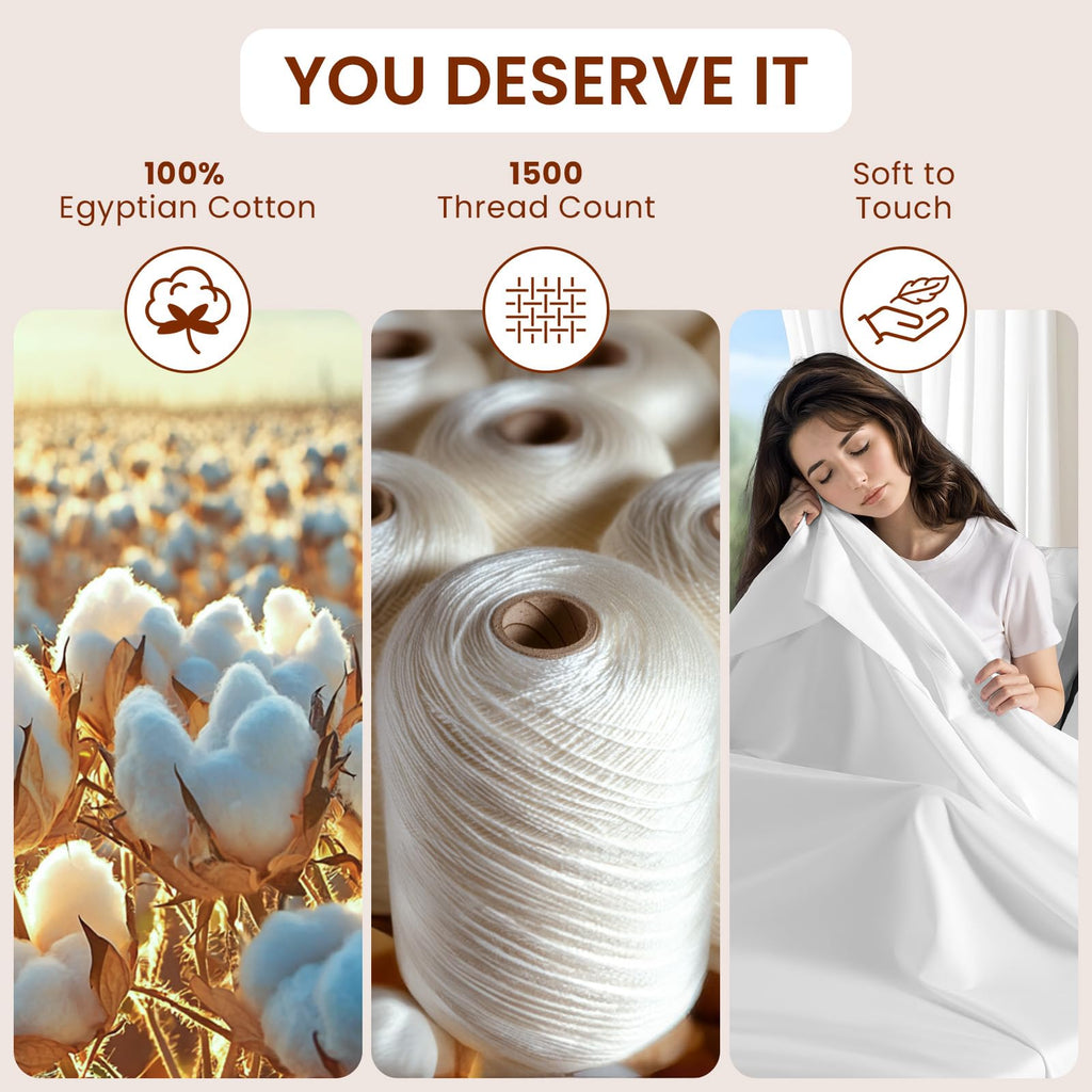 1500 Thread Count Egyptian Cotton Queen Size Sheet Set (4 Piece, White, Modern Style, Deep Pocket, Fully Elasticized)