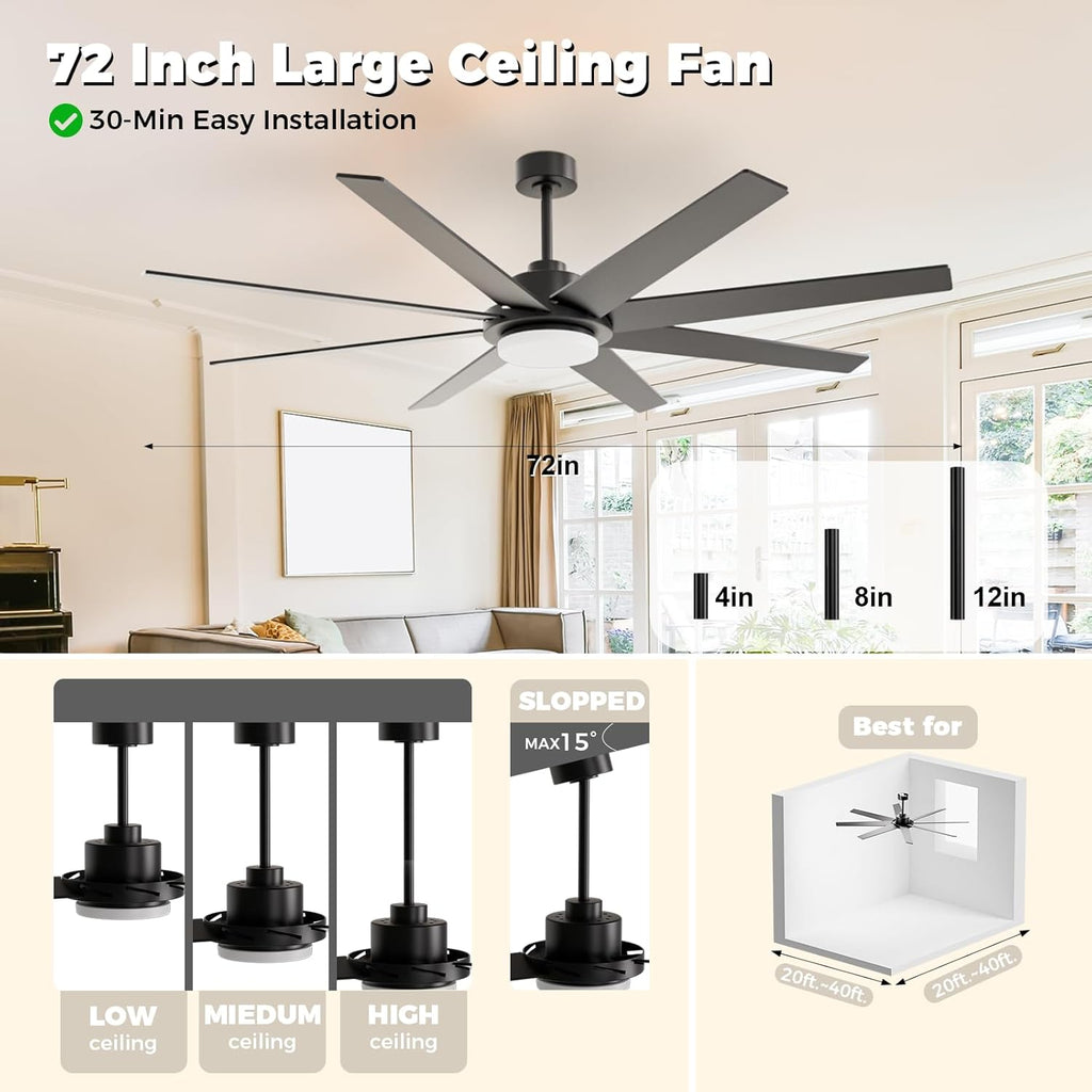 72 Inch Ceiling Fans with Lights and Remote, Outdoor Indoor Black LED Big Ceiling Fan Reversible 24db Quiet DC Motor, 6 Speed 3CCT Dimiable, Modern Ceiling Fans for Patios Living Room Farmhouse Garage