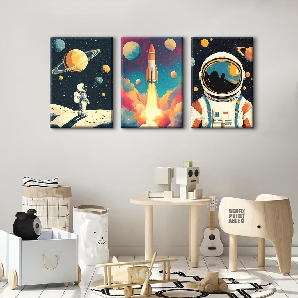3 Pcs Space Canvas Wall Art Nursery Space Astronauts Kid Painting Pictures Wall Decor Explore Dream Galaxy Canvas