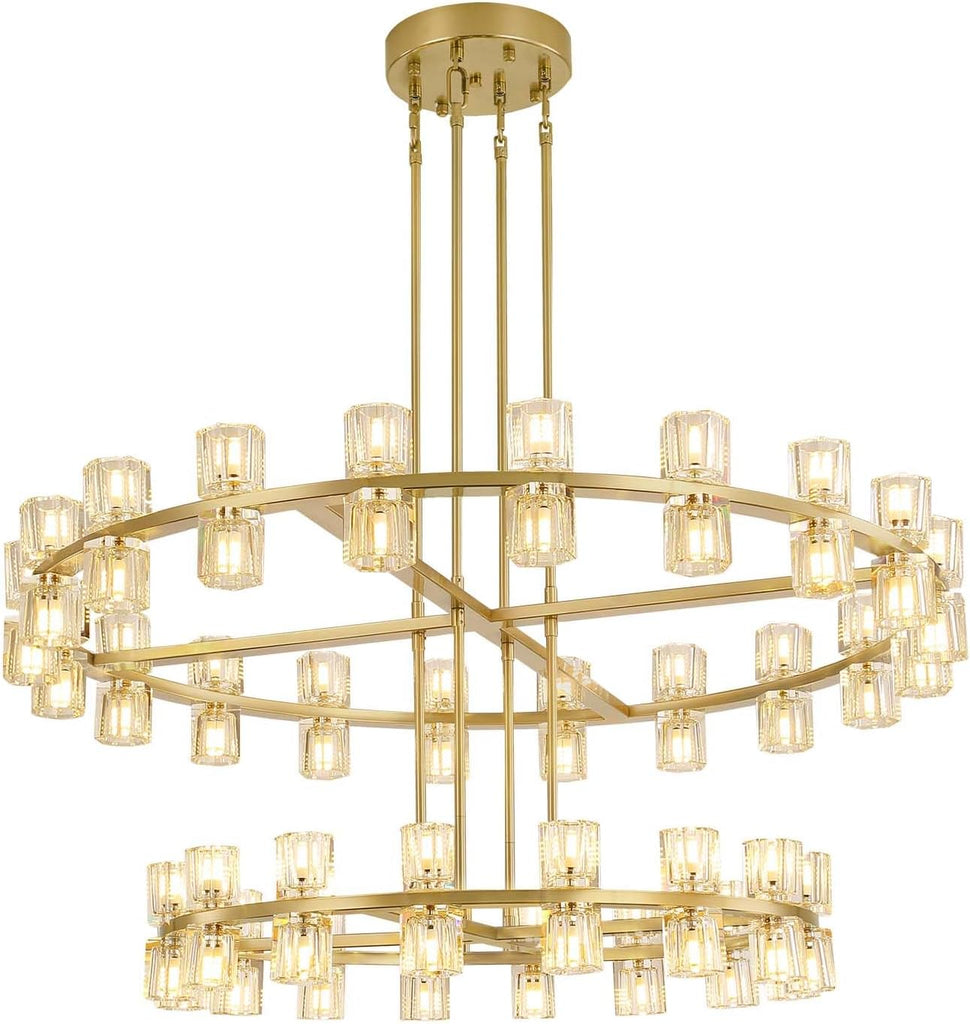 Inspired Arcachon Style 2-Tier Round Wagon Wheel Chandelier, 32" + 40" 72-Light Gold — Foyer, Great Room & Dining