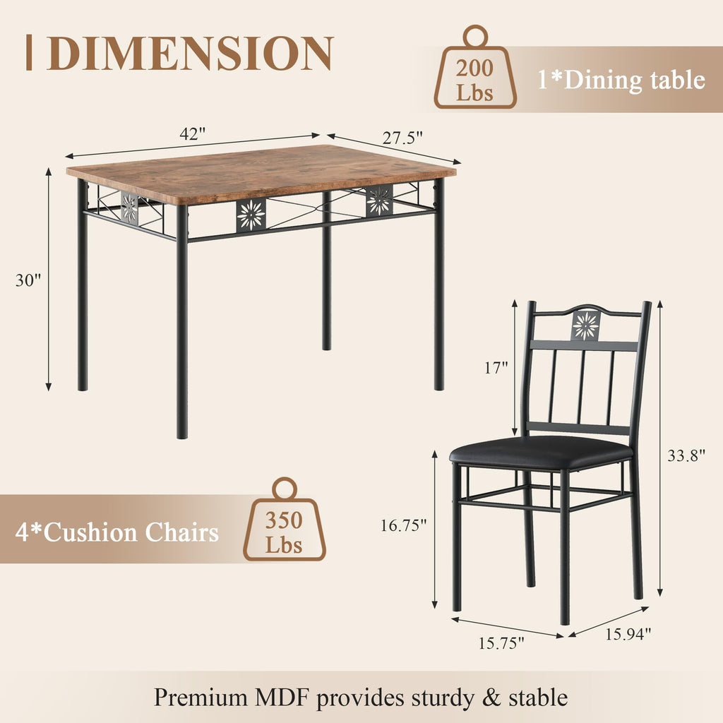 Dining Table Set for 4, 5-Piece Wood Kitchen Table with Upholstered Padded Chairs for Small Space, Breakfast Nook