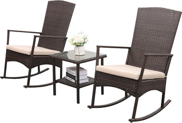 Outdoor HDPE Wicker Rocking Chair 3-Piece Patio Rattan Bistro Set 2 Rocker Armchair and Glass Coffee Side Table