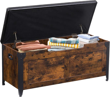 39.4" Storage Bench with 2 Safety Hinges, Rustic Brown | Retro Wooden Storage Chest, Loads 300 lb, Easy Assembly