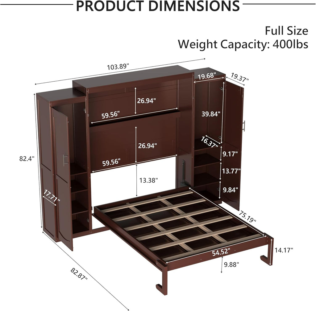 Full Murphy Bed Wall Cabinet with 2 Wardrobe & Storage Shelf, Wood Foldable Platform Bed Frame for Guest Room