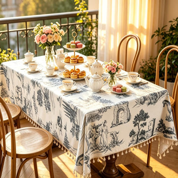 Cotton Linen Vintage Tablecloth with All-Side Handmade Tassels, Black White Classic Toile De Jouy Pattern Rectangular