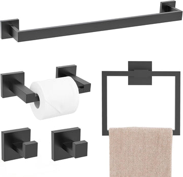 Matte Black Bathroom Hardware Accessories Set 5 Pieces, Double Post Pivoting Toilet Paper Holder Set Stainless Steel