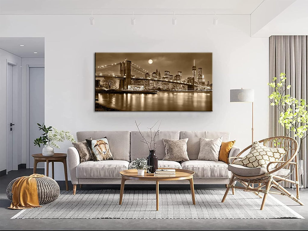 Brooklyn Bridge Canvas Wall Art Sepia New York City Picture Home Decor Manhattan Skyline Artwork Prints Stretched