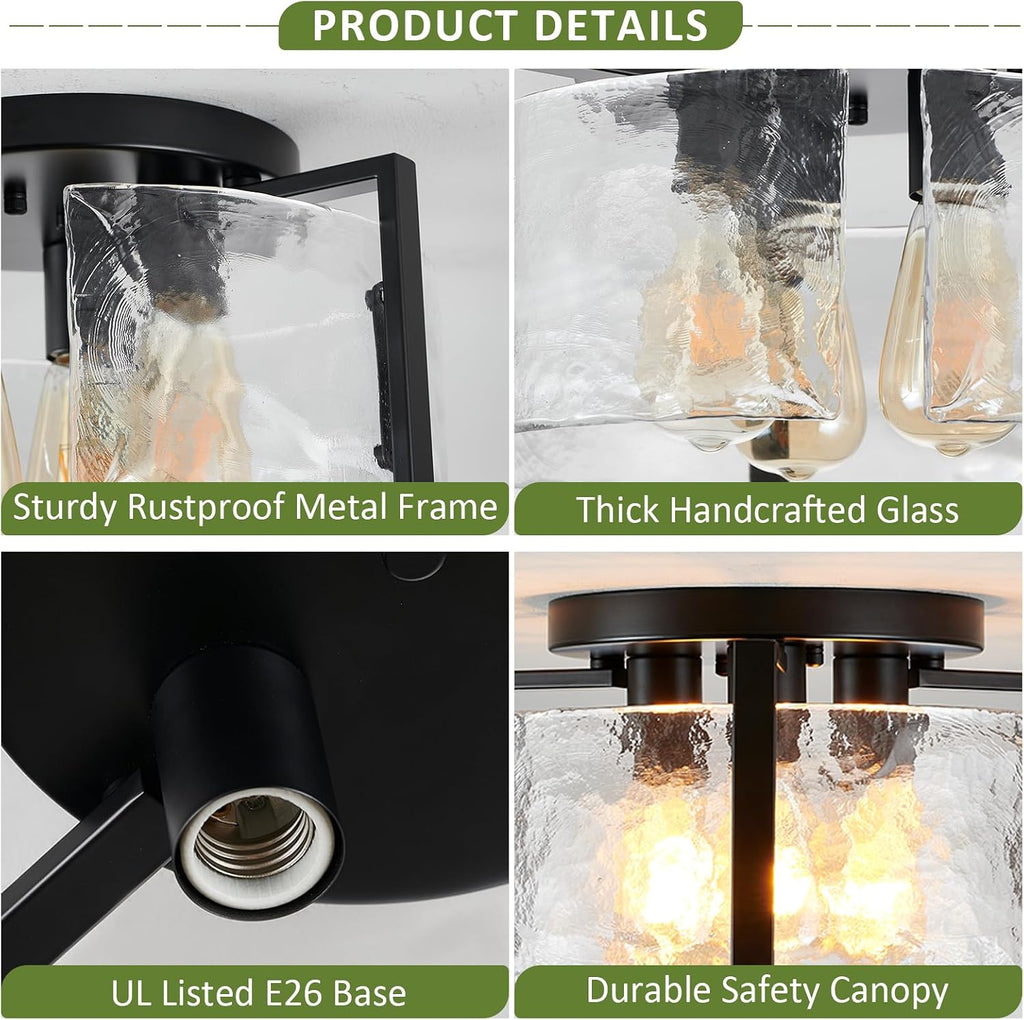 Black Semi Flush Mount Ceiling Light Dimmable, Modern Close to Ceiling Light Hallway Light Fixtures Ceiling Mount