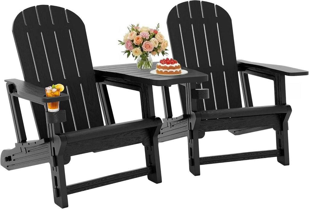 Outdoor Adirondack Chair Set of 2, All-Weather HDPE Patio Furniture with Detachable Table, Wood Texture & Cup